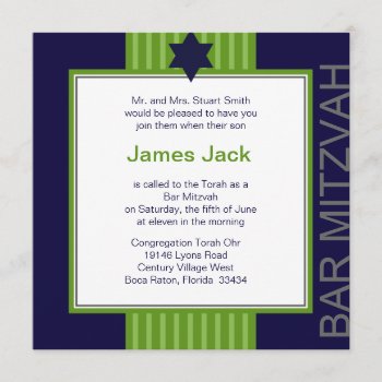 Star Of David Bar Mitzvah - Green & Blue Ribbon Invitation by claire_shearer at Zazzle