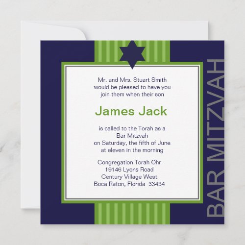 Star of David Bar Mitzvah - green &amp; blue ribbon Personalized Invitation