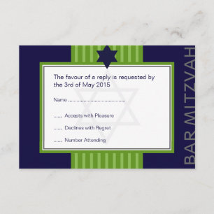 Star of David Bar Mitzvah green & blue ribbon RSVP