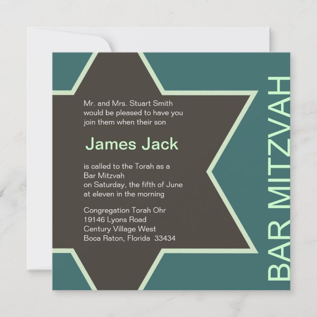 Star of David Bar Mitzvah Green & Brown 2 Invitation (Front)
