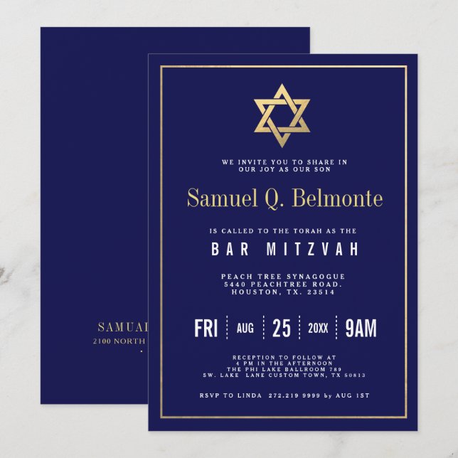 Star of David Bar Mitzvah Navy Invite w Address (Front/Back)