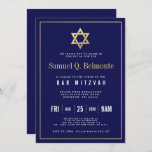 Star of David Bar Mitzvah Navy Invite w Address<br><div class="desc">A  dark navy color bar mitzvah invitation featuring a faux gold border(non gold foil) and star of David towards the top. w/ Address</div>
