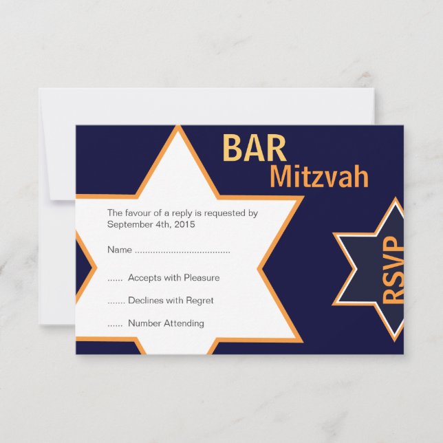 Star of David Bar Mitzvah Orange & Blue RSVP Card (Front)