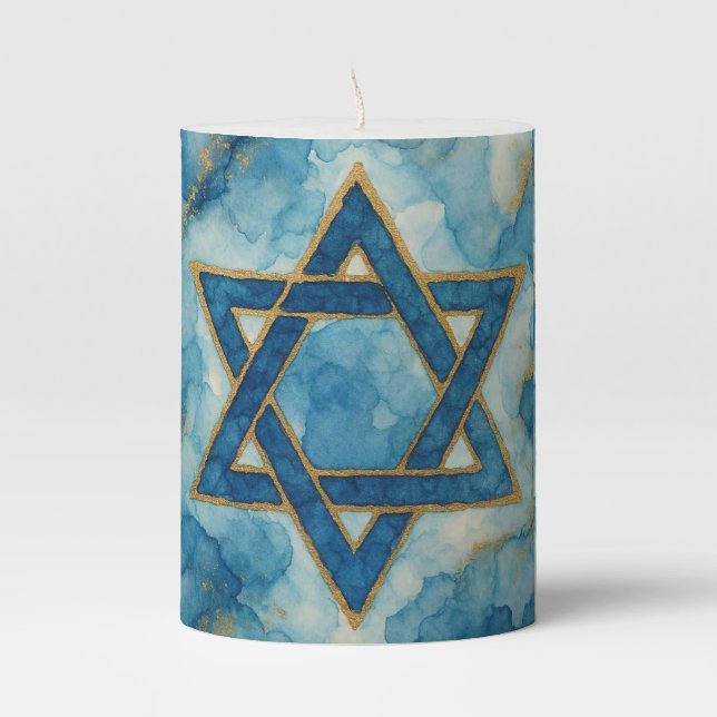 Star Of David Blue Gold Shabbat Shalom Candle (Front)
