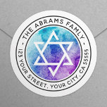 Star of David blue watercolor return address Classic Round Sticker<br><div class="desc">Elegant return address label featuring a white,  Star of David on a purple and aqua blue watercolor background and your return address in a modern sans-serif font.</div>