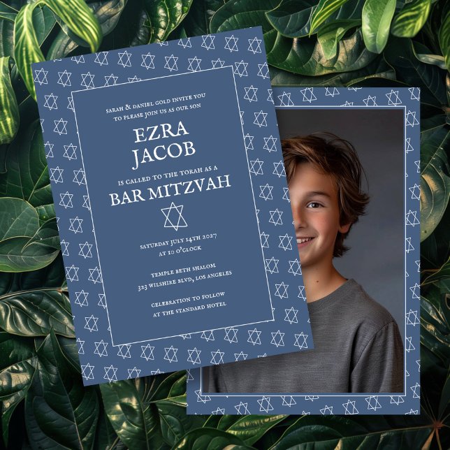 Star of David B'nai Bat Bar Mitzvah Custom Photo Invitation (Star of David B'nai Bat Bar Mitzvah Custom Photo Invitation Blue White Simple Minimal)