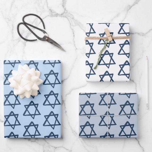 Star of David Brush Bar Bat Mitzvah Jewish Blue Wrapping Paper Sheets (Front)
