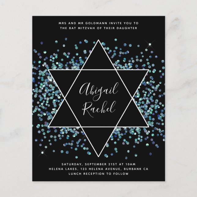 Star of David Budget Bat Mitzvah Invitation (Front)