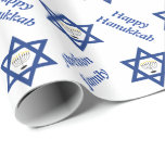 Star of David & chanukiah Hanukkah holiday blue Wrapping Paper<br><div class="desc">Star of David Hanukkah holiday blue and white personalized wrapping paper featuring the Star of David and the Hanukkah menorah or candelabrum in blue and white in positive negative space style,  the phrase "Happy Hanukkah" and your family name.</div>