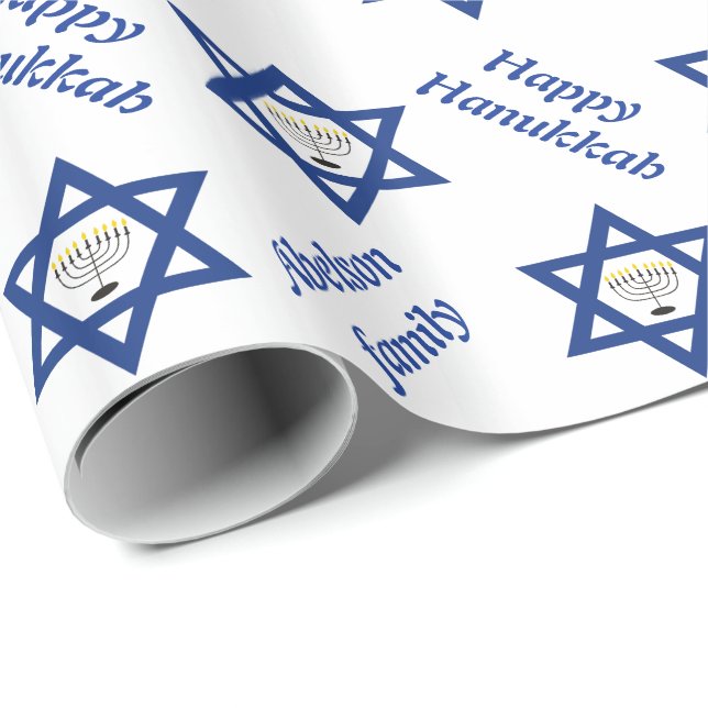 Star of David & chanukiah Hanukkah holiday blue Wrapping Paper (Roll Corner)