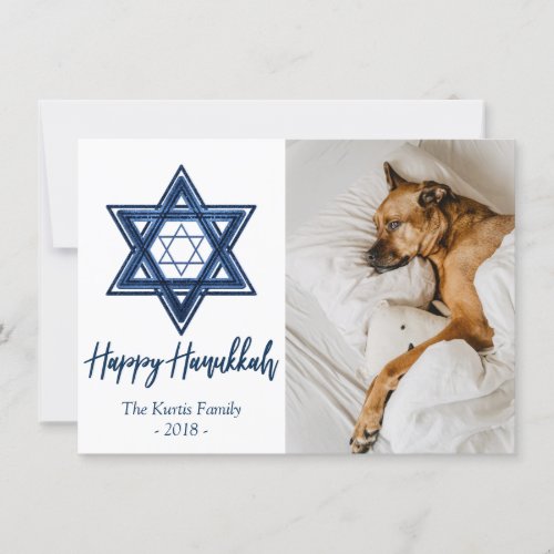 Star of David  Classic Blue Modern Hanukkah Photo Holiday Card