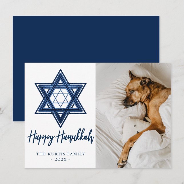 Star of David | Classic Blue Modern Hanukkah Photo Holiday Card (Front/Back)