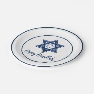 Star of David Classic Blue Modern Happy Hanukkah Paper Plates