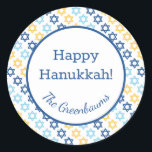 Star of David Classic Round Sticker<br><div class="desc">These fabulous gift tags would look great on all your Hanukkah gifts.  They are so festive with their Stars of David in blue and yellow.  Trendy yet traditional.  And,  they are customizable with your family name.</div>