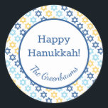 Star of David Classic Round Sticker<br><div class="desc">These fabulous gift tags would look great on all your Hanukkah gifts.  They are so festive with their Stars of David in blue and yellow.  Trendy yet traditional.  And,  they are customizable with your family name.</div>