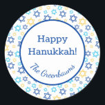 Star of David Classic Round Sticker<br><div class="desc">These fabulous gift tags would look great on all your Hanukkah gifts.  They are so modern yet classic with their blue,  turquoise and yellow Star of Davids in all different sizes.  And,  they are customizable with your family name.</div>