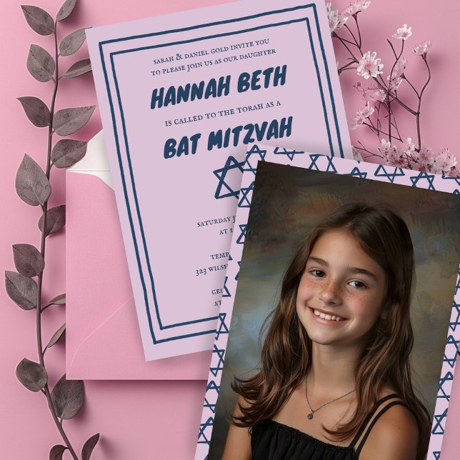 Star of David Custom Photo B'nai Bat Bar Mitzvah Invitation (Star of David Custom Photo B'nai Bat Bar Mitzvah Invitation
Pink Simple Minimalist)