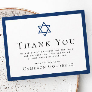 Star of David dark blue border funeral sympathy Thank You Card