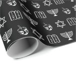 Star of David Dreidel Menorah Torah black Hanukkah Wrapping Paper<br><div class="desc">Star of David,  Hebrew Magen David,  Dreidel,  menorah,  Torah black and white pattern gift wrapping paper.
White graphic pattern on black background color.
Minimalist,  modern,  simple,  elegant design.

This wrapping paper is great for Hanukkah,  Chanukah,  bar mitzvah,  bat mitzvah,  Shabbat and Jewish Holidays.</div>