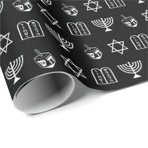 Star of David Dreidel Menorah Torah black Hanukkah Wrapping Paper