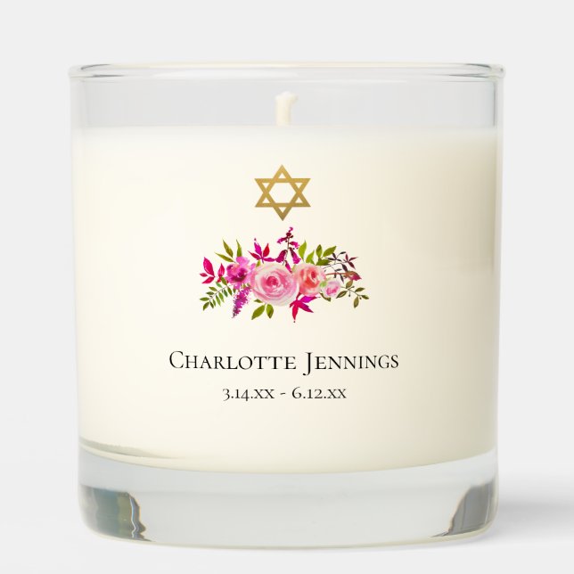 Star of David Elegant Pink Floral Cross In Memory Scented Candle (Front)