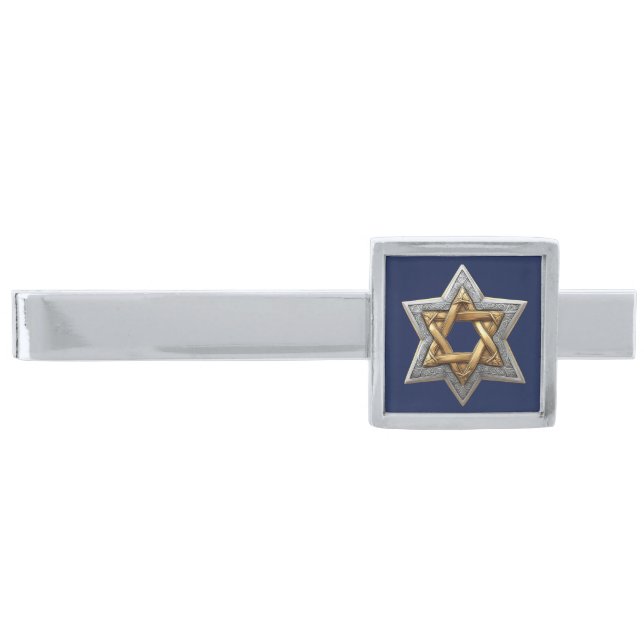 Star of David Elegant Silver Gold Finish Tie Bar (Front)