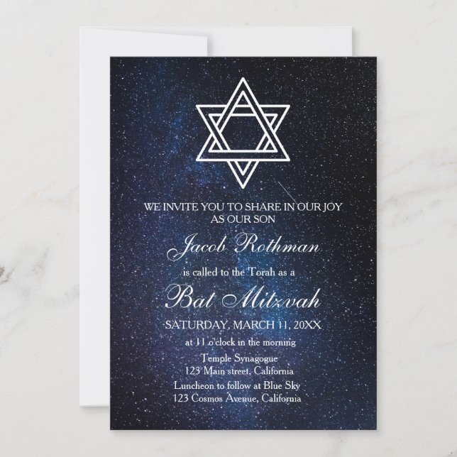 Star of David Elegant Simple Blue Bat Mitzvah Invitation (Front)
