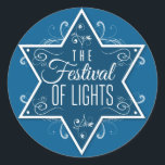 Star of David Festival of Lights Blue Hanukkah Classic Round Sticker<br><div class="desc">A large cobalt blue Star of David is the focal piece of this sticker printing against a lighter blue background. The words "The Festival of Lights" print inside the star with swirls both inside and radiating outward from the star to make a lovely Hanukkah favor. Great as an envelope or...</div>