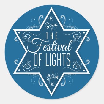 Star Of David Festival Of Lights Blue Hanukkah Classic Round Sticker by mishpocha at Zazzle