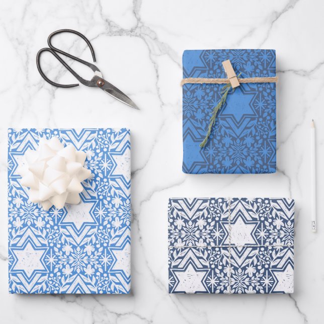 Star of David Floral Hanukkah Set Wrapping Paper Sheets (Front)