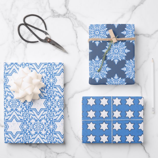 Star of David Floral Hanukkah Set Wrapping Paper Sheets (Front)