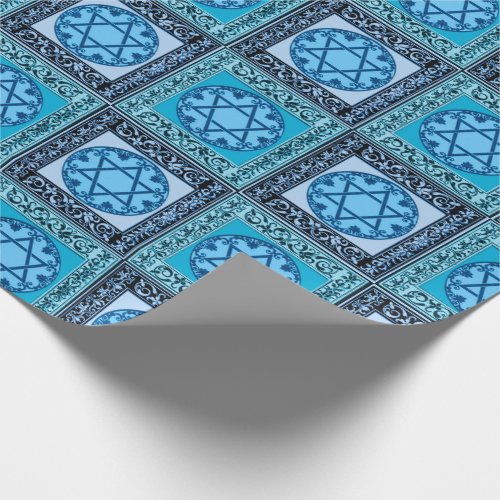 Star of David Floret Blue Wrapping Paper