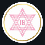 STAR OF DAVID gold circle pink monogram logo Classic Round Sticker<br><div class="desc">*** NOTE - THE SHINY GOLD FOIL EFFECT IS A PRINTED PICTURE A cute little LOVE sticker that can be used for any occasion - wedding, baby shower, birth announcement, graduation, anniversary, handmade craft items or clothing for small business packaging etc... TIPS 1. To change the main color hit the...</div>
