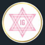 STAR OF DAVID gold circle pink monogram logo Classic Round Sticker<br><div class="desc">*** NOTE - THE SHINY GOLD FOIL EFFECT IS A PRINTED PICTURE A cute little LOVE sticker that can be used for any occasion - wedding, baby shower, birth announcement, graduation, anniversary, handmade craft items or clothing for small business packaging etc... TIPS 1. To change the main color hit the...</div>