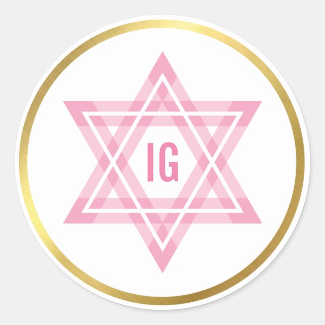 STAR OF DAVID gold circle pink monogram logo Classic Round Sticker (Front)