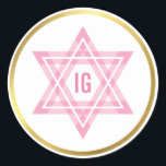 STAR OF DAVID gold circle pink monogram logo Classic Round Sticker<br><div class="desc">*** NOTE - THE SHINY GOLD FOIL EFFECT IS A PRINTED PICTURE A cute little LOVE sticker that can be used for any occasion - wedding, baby shower, birth announcement, graduation, anniversary, handmade craft items or clothing for small business packaging etc... TIPS 1. To change the main color hit the...</div>