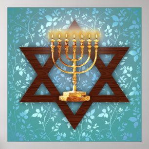 Star of David Gold Menorah on Teal Vines Art Print