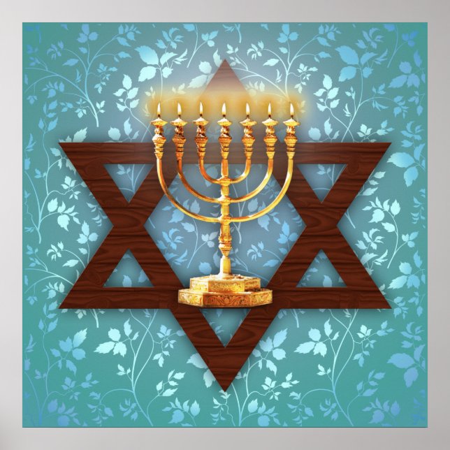 Star of David Gold Menorah on Teal Vines Art Print (Front)