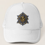 Star of David Gold Trucker Hat<br><div class="desc">Elegant Star of David with traditional blue and white hexagram symbol complimented with an ornate baroque flourish of gold background. Art of Margaret Loftin Whiting.</div>