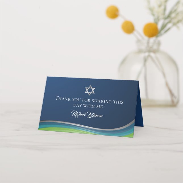 Star of David Green and Blue Gradient Bar Mitzvah Place Card (Back)