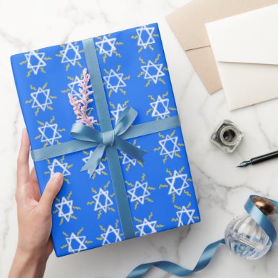 Star of David Hanukkah Pattern Blue White Gift Wrapping Paper