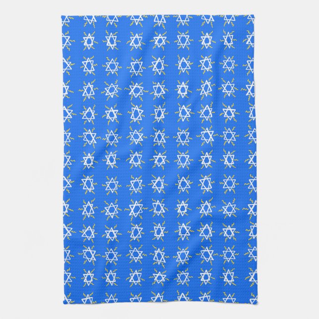 Star of David Hanukkah Pattern Blue White Kitchen Towel (Vertical)