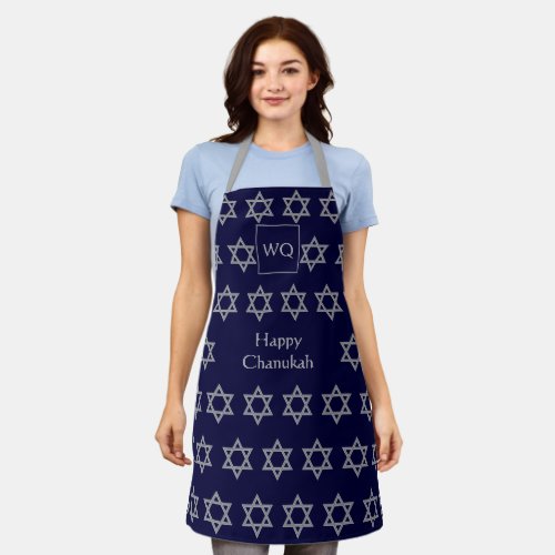 Star of David  HAPPY CHANUKAH  Monogram Blue Apron