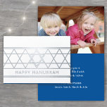 Star of David Happy Hanukkah Techelet Blue 1 Photo Foil Card<br><div class="desc">Send elegant Happy Hanukkah wishes with a modern custom photo folded card. All wording on this template is simple to personalize. The techelet blue, white and silver foil design features a geometric Star of David design, minimalist vintage art deco typography, and one photo of your choice. Family and friends will...</div>