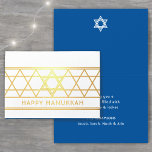 Star of David Happy Hanukkah Techelet Blue Modern Foil Card<br><div class="desc">Send elegant Happy Hanukkah wishes with a modern custom photo folded card. All wording on this template is simple to personalize. The techelet blue, white and gold foil design features a geometric Star of David design and minimalist vintage art deco typography. Family and friends will love displaying this stylish customized...</div>