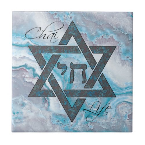 Star of David Hebrew Chai Marble Stone Effect Ceramic Tile