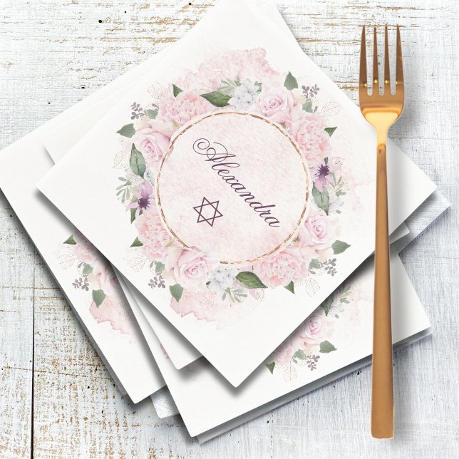 Star Of David Jewish Girl Baby Naming Pink Roses  Napkins (Creator Uploaded)