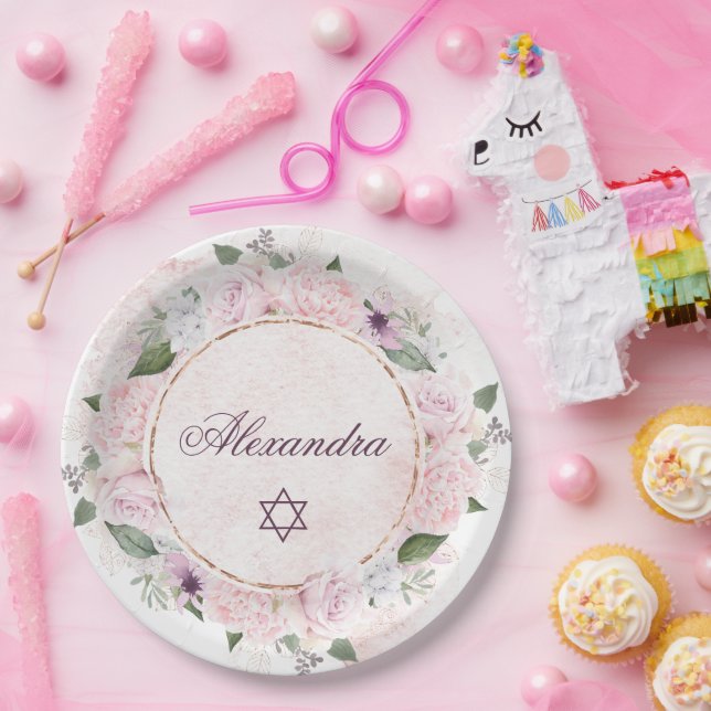 Star Of David Jewish Girl Baby Naming Pink Roses   Paper Plates (Party)