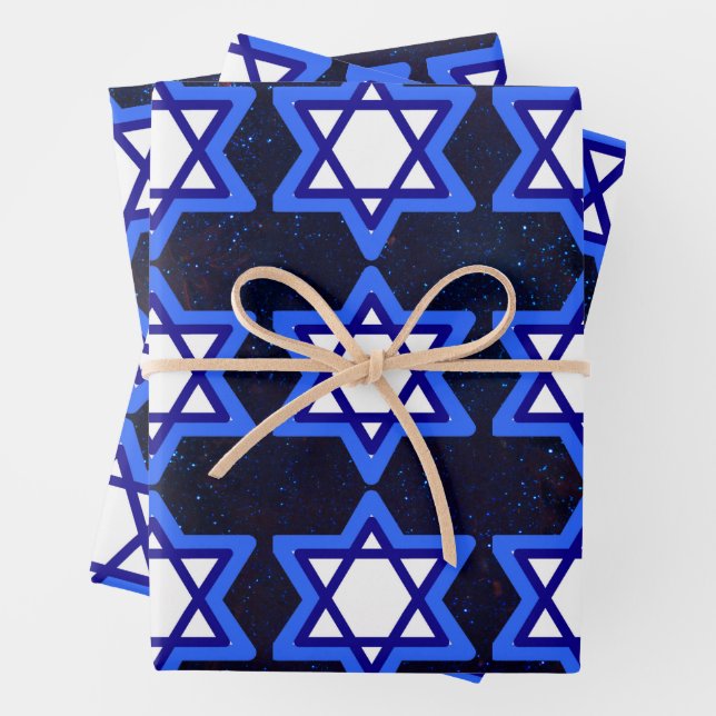 Star of David Jewish Holiday Blue White Wrapping Paper Sheets (In situ)