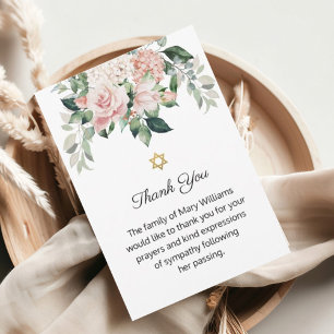 Star of David Jewish Pink Floral Funeral  Thank You Card